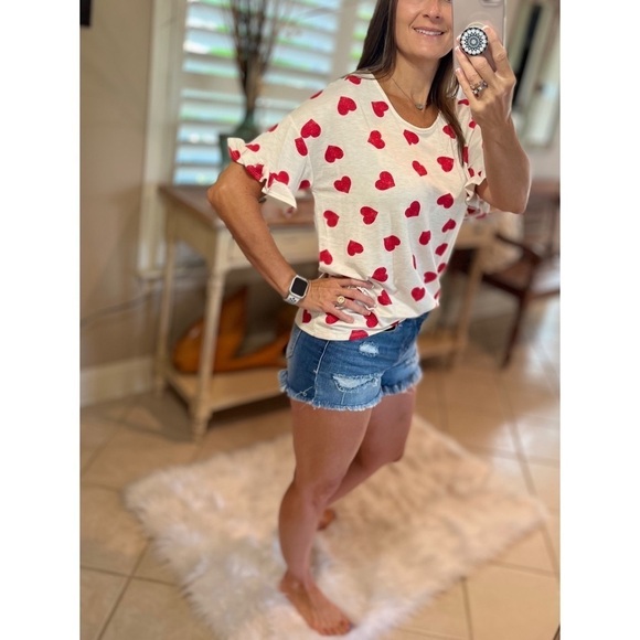 Heart Valentine Round Neck Short Ruffle Flutter Sleeve Top Red White 2522 - Picture 11 of 11